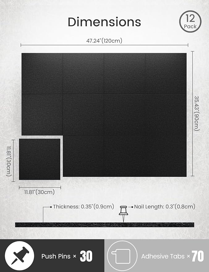 Bumusty Large Cork Board 47"x35" Alternative - 12 Pack Felt Wall Tiles with 70 Safe Removable Adhesive Tabs, 30 Pushpins, Cork Boards for Walls Pin Board Bulletin Board Office Decor (Black)