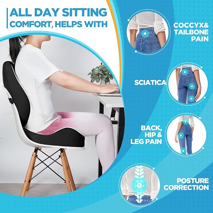 BEAUTRIP Seat Cushion & Lumbar Support Pillow for Office Chair, Car & Wheelchair - Ergonomic Coccyx Cushion for Tailbone, Sciatica & Back Pain Relief - Extra-Dense Charcoal Memory Foam Chair Cushions