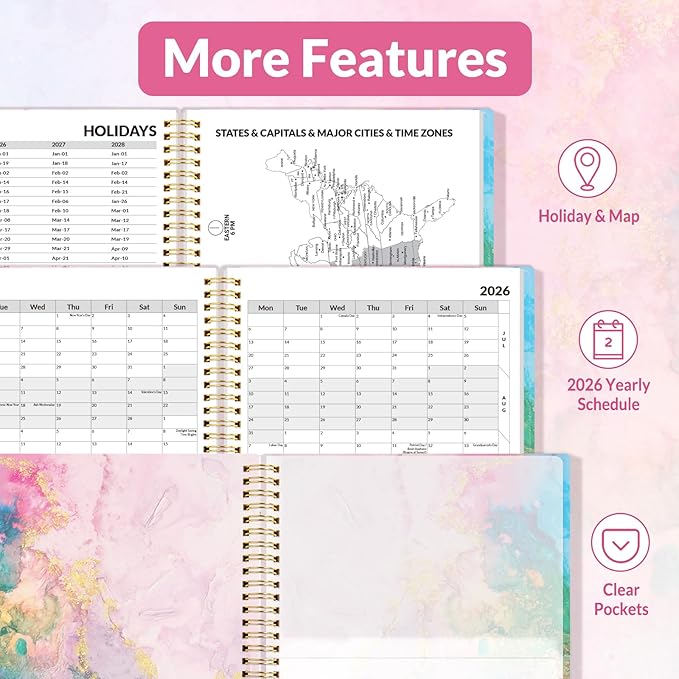 SUNEE 2026 Weekly and Monthly Planner - from January 2025 - December 2025, 6.4" x 8.3" Daily Agenda Planner with Monthly Tab, Flexible Cover, Note Pages, Pockets, Bookmark, Spiral Binding, Marble