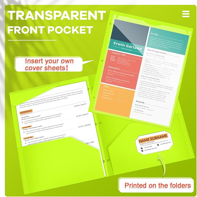 Henoyso 36 Pcs 2 Pocket Plastic Folders with Clear Front Pocket 3 Hole Punched File Folder Letter Size Take Home Documents Holder for Paper Holder Office Business Back to School Supply (Shiny Green)