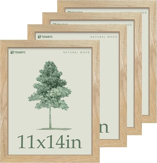 11x14 Picture Frame Set - 4 Pack, Natural Solid Wood, HD Tempered Glass, Elegant Wood Grain, Wall Gallery Photo Frame