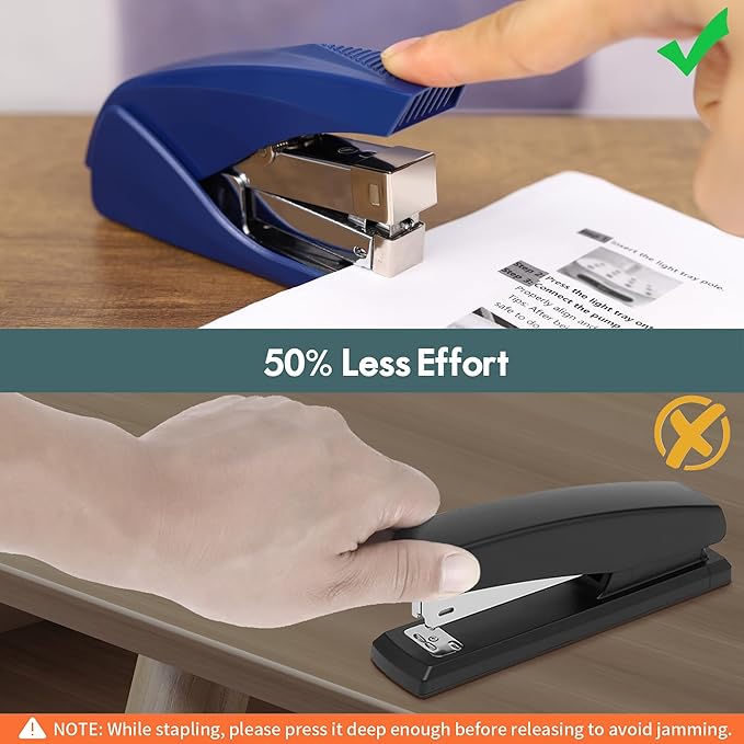 AFMAT ES10 Effortless Stapler for Desk, 50 Sheet Capacity, Low Force, Built-in Staple Remover, One Finger Touch Stapling Desktop Stapler, Portable & Space Save Size, Good for Home & Office, Blue