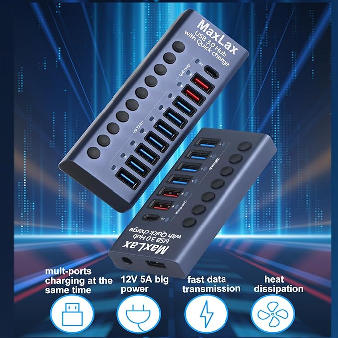 MaxLax Aluminum USB 3.0 hub with Charging Function, Power Adapter,Individual Power swiches (Silver Gray-10 Ports)