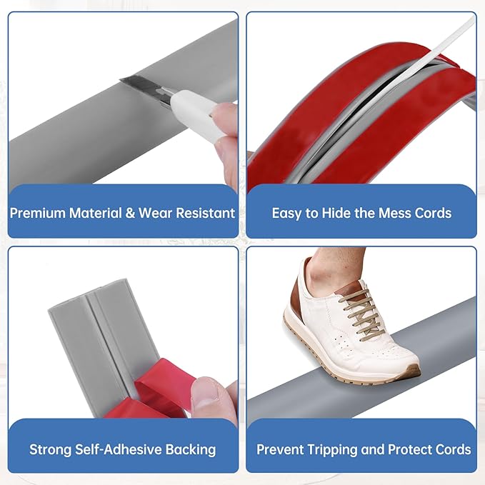 Floor Cord Cover Self Adhesive Cord Hider Floor Extension Cord Covers for Floor Power Cord Protector Cable Management Prevent Cable Trips Cable Cavity 0.51" W x 0.31" H (Grey, 3.3Ft)