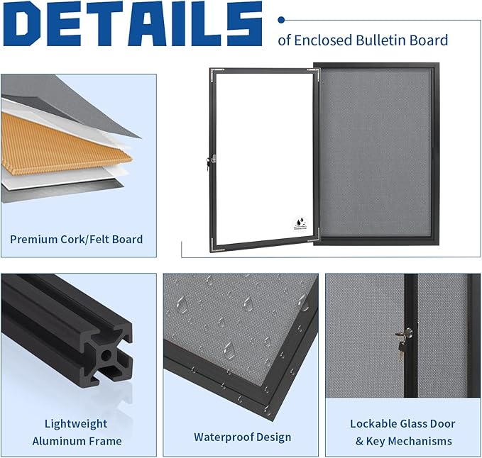 Outdoor Weatherproof Enclosed Fabric Bulletin Board,Noticeboard Case with Lockable Glass Door, Grey Felt,Black Aluminum Frame, 36x24 Inch (5xA4)