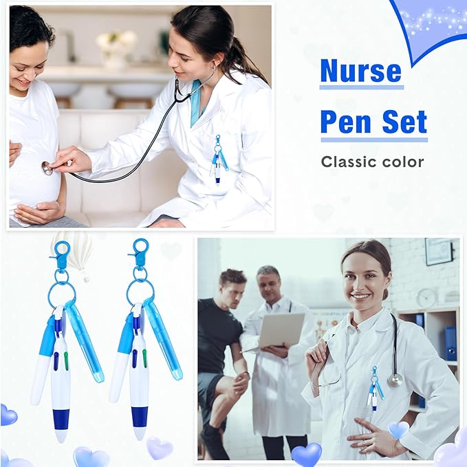 Sherr 25 Sets Retractable Nurse Pens with Mini Highlighter Permanent Marker Keychain Clip Badge Reel Pen Accessories for Nursing Students Medical Staff Office Stocking Stuffer Gift(Blue)