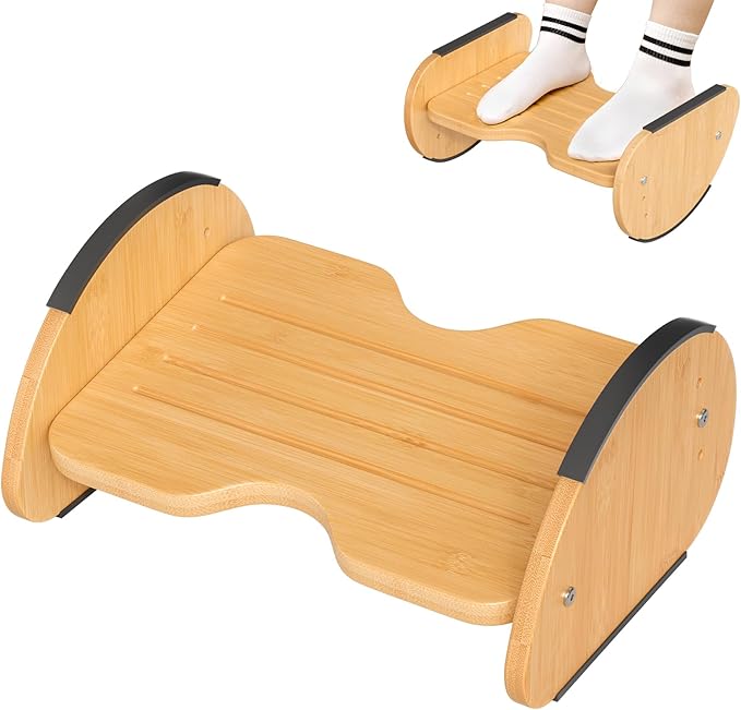 Amazer Bamboo Foot Rest for Under Desk at Work, 2-in-1 Reversible Rocking Footrest Adjustable Foot Stool, Ergonomic Footrest for Under Gaming Desk, Feet Support Leg Footstools for Home Office