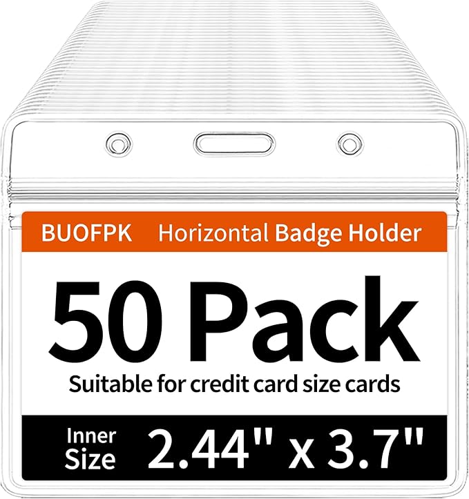 50 pcs Clear Horizontal ID Badge Holder, Waterproof Plastic Name Tag Sleeve with Resealable Zip, 2.44" x 3.7"Card Protector for Nurse, Teacher, Student, Office, School Use