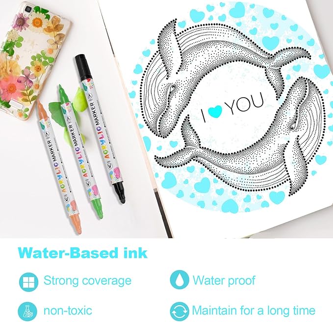 60 Colors Acrylic Paint Pens, Dual Tip Acrylic Paint Markers for Paper, Wood, Canvas, Stone, Rock Painting, Glass, Fabric, DIY, Ceramic, Art Supplies for Kids and Adults Drawing (Dot + Fine)