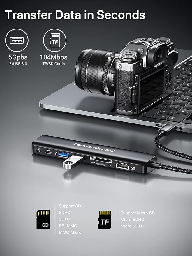 USB C Hub Multiport Adapter, DockteckExpand USB C Dongle 7 in 1 with 4K 60Hz HDMI Port, 1Gbps Ethernet, 100W PD, 2 USB 3.0 Ports, SD/TF Card Reader for MacBook iPad HP Dell XPS and More