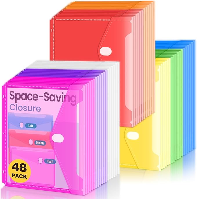 Sooez 48 Pack Binder Folders Organizer with Space-Saving Closure, Super Heavyweight Binder Pockets for 3 Ring Binders, High Capacity Binder Pouch, Side Loading, School Supplies, Letter Size, 8 Color