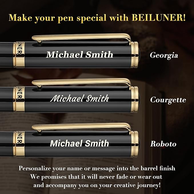 BEILUNER Luxury Personalized Gel Pen with 24K Gold Finish, Black Piano Lacquer, Luxury Grade Craftsmanship, Best Pen Gift Set for Men and Women, Professional, Executive, Office, Retractable Nice Pens