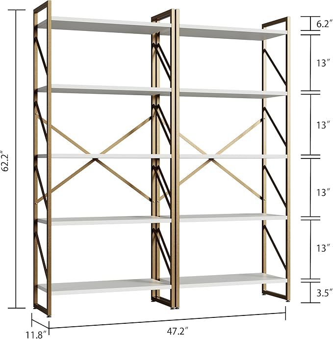 Shintenchi 2 Pieces 5 Tiers Bookshelf, Classically Tall Bookcase Shelf, Industrial Book Rack, Modern Book Holder in Bedroom/Living Room/Home/Office, Storage Rack Shelves for Books/Movies-Gold