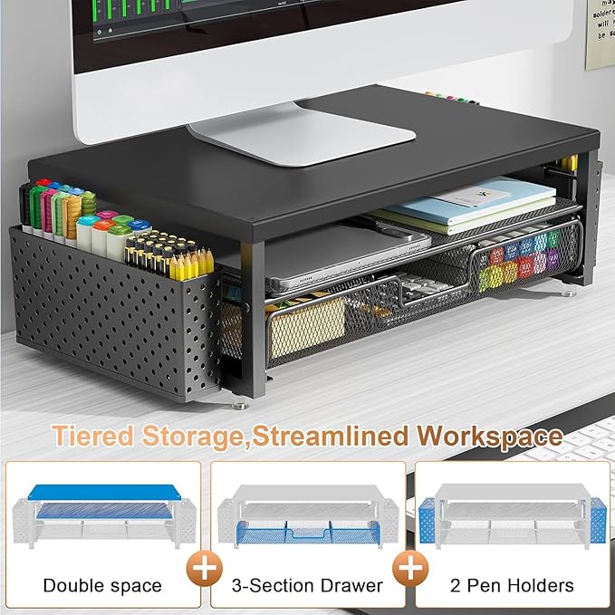 gianotter Wood Monitor Stand Riser, Office Desk Shelf Organizer, Desk Organizer with Drawer and Pen Holder, 2-Tier Computer Stand, Office Organization (Ink)