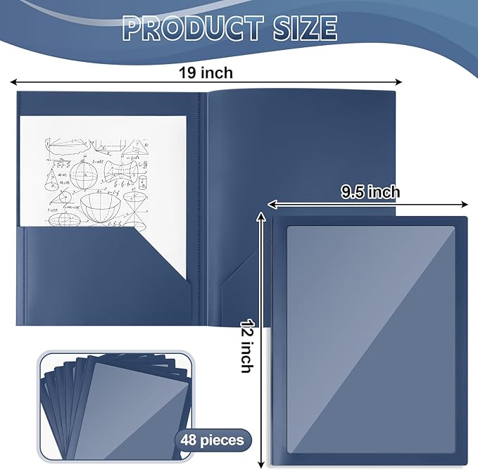 Teling 48 Pcs Plastic Folders with Front Clear Pocket and Business Card Holder 2 Pocket Heavy Duty Folders Plastic Letter Size Paper for Business School Office Supplies (Dark Blue)