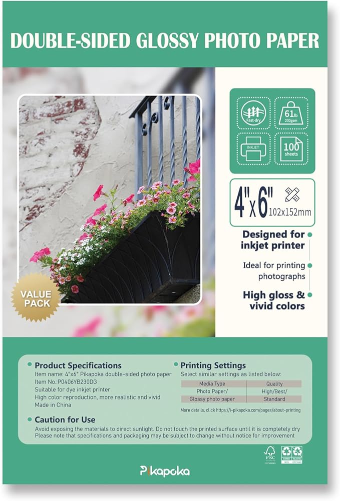 Double Sided Glossy Photo Paper 4x6, Thick Glossy Paper for Cardstock, 100 Sheets 61lb for Inkjet Printer