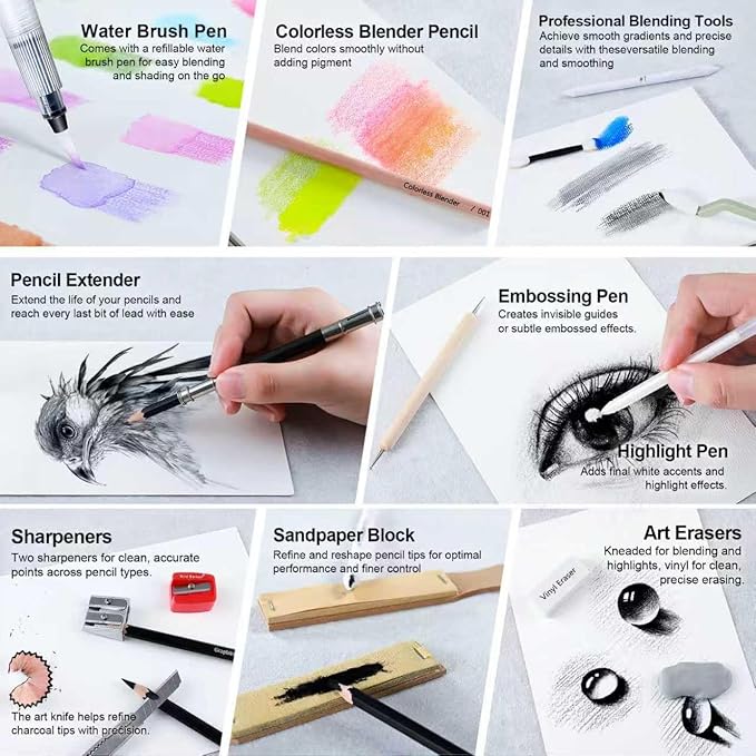 240PCS Artists Art Supplies - Drawing Kit with 3 Sketchbook, Coloring book - Graphite,Colored, Charcoal, Watercolor,Metallic,Fluorescent & Rainbow Pencils - for Artists and Beginners