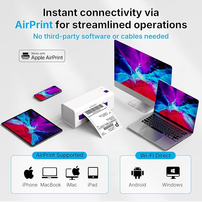 AirPrint Thermal Label Printer, Wireless Wi-Fi Shipping Label Printer 4x6 for iPhone, iPad, Mac,Compatible with Android&Windows, Included Label Holder – Ideal for Small Business, Amazon, Shopify