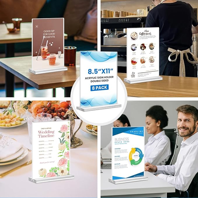 Acrylic Sign Holder 8.5x11, 8Pack Clear TableTop Sign Holder-Sided, Plastic Flyer Display Holder with Vertical Base, Clear Flyer Stand Menu Table Display Holders for Restaurants Office Store Show Fair