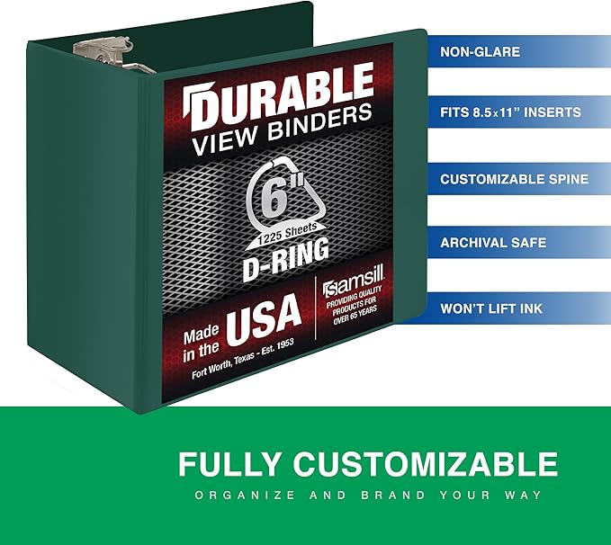 Samsill Durable 6 Inch Binder, Made in The USA, Locking D Ring Binder, Customizable Clear View Cover, Forest Green, Holds 1225 Pages
