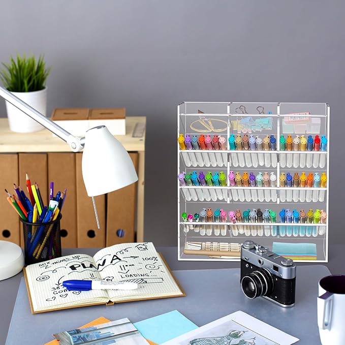 Acrylic Pen Organizer Storage for 150 Markers Vertical Marker Organizer Acrylic Pen Display Holder for Office Desk Desktop Stationery Pencil Storage, Clear, 10.2 x 4 x 9.8 Inch
