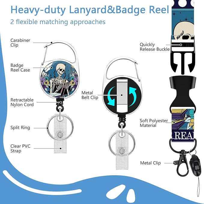 Skull Badge Holder Reel Lanyard,ID Card Badge Holder Retractable Name Tag Clips for Doctor Nurse Teacher Office Student