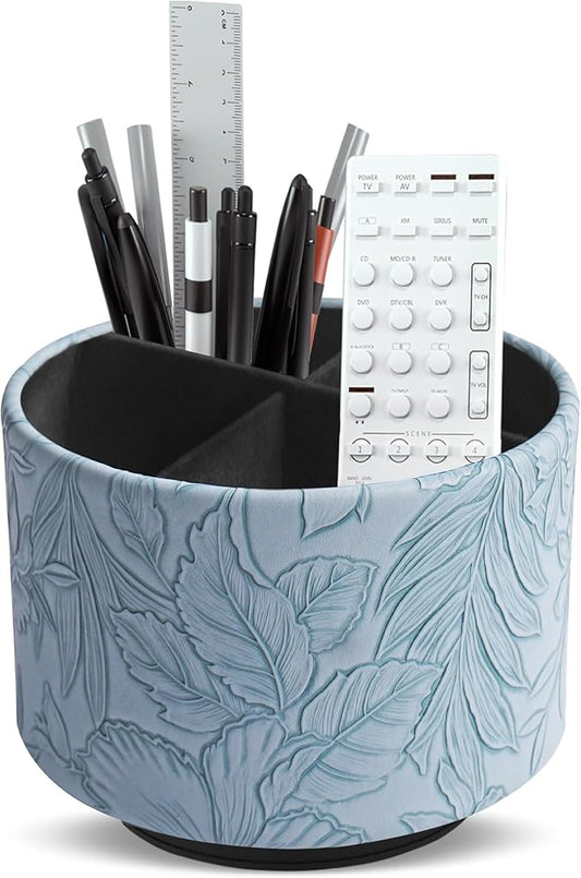 Hennaja Round Leather Art Supply Organizer,Remote Control Holder,360 Degree Spinning,Multi-Functional Pencil Holder,4 Compartments Desktop Stationary Organizer(1-Carved Light Blue)