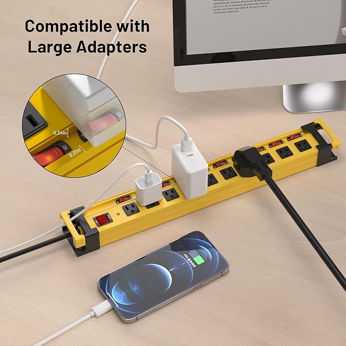 Plug'n 10 Outlet 3300J Surge Protector Power Strip with Individual Switches,Heavy Duty Metal Power Strip with Cord Manager,3FT/14AWG/15AMP/1875W Power Cord for Workshop,Garage