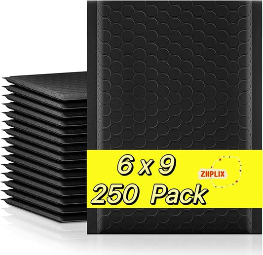 Poly Bubble Mailers 6x10 250 Pack Usable Size 6x9 Black Waterproof Self Seal Adhesive Shipping Bags, Cushioning Padded Envelopes for Shipping, Mailing,Small Business Supplies.