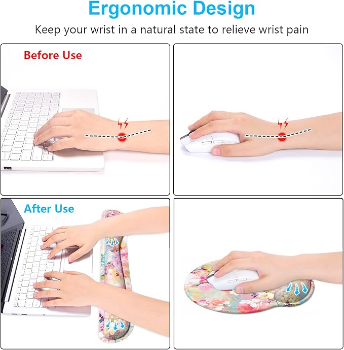 Dapesuom Keyboard Wrist Rest and Mouse Pad with Wrist Support, Cute Memory Foam Cushion for Keyboard and Mouse Set, Desktop Pad Rests with Non Slip Base for Easy Typing & Pain Relief, Peonies Floral