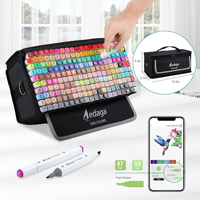 YHC 200 Colors Alcohol Markers for Artists, Free APP for Coloring, Dual Tips Alcohol-Based Markers for Drawing,Painting and Sketching, Great Gift Idea for Kids and Adults