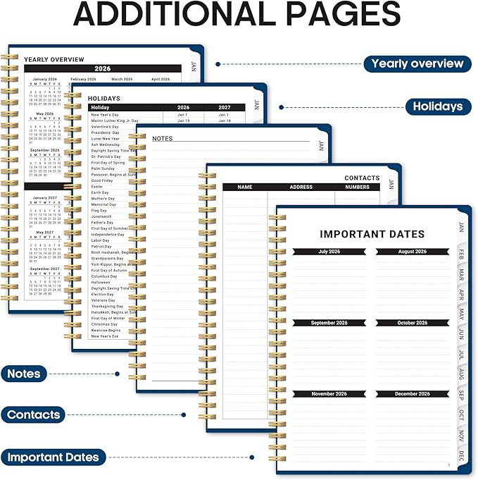2026 Planner, Weekly and Monthly Calender Planner, Jan 2026 to Dec 2026, Hardcover 2026 Calendar Planner Book with Tabs & Inner Pocket, Office Home School Supplies for Women & Men - A5 (6.3" x 8.5"), Navy Blue
