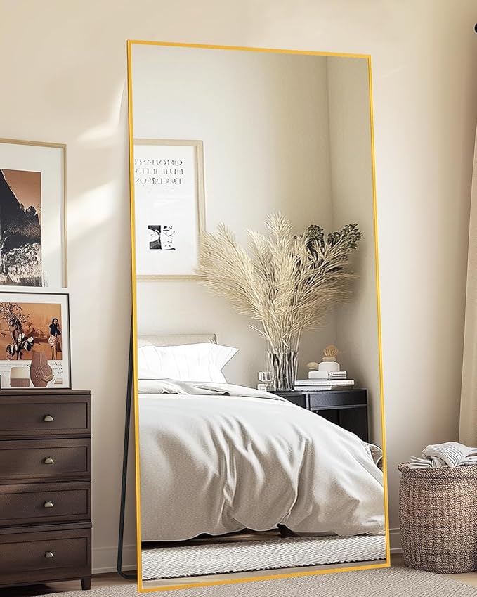 Full-Length Floor Mirror with Stand, 71"x28" Rectangle Style Full Body Standing Mirror for Bedroom, Living Room, Gym, Dorm - Shatter-Resistant & Easy Assembly, Gold