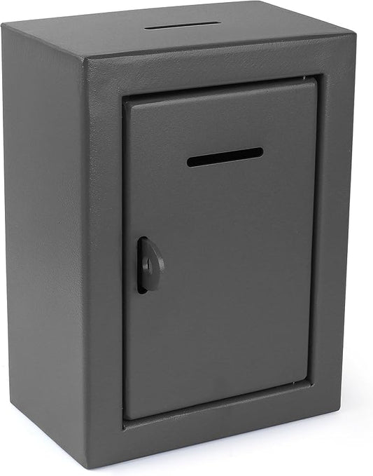 Metal Charity Donation Box - Secure Steel Collection Box with Front Slot, Easy Wall Mount, 8.5x6.5x4" Gray