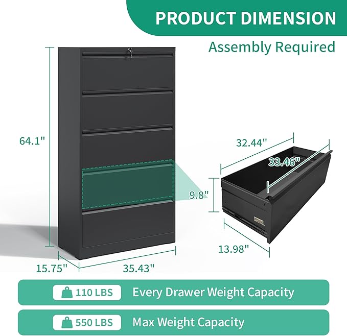 Lateral File Cabinets 5 Drawer with Lock,Metal Lateral Filing Cabinet for Home Office,Wide Steel Storage Cabinet Commercial Drawer for Legal/Letter/A4 Size Files Assembly Required