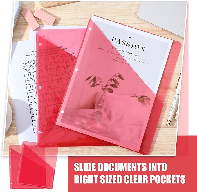 Seajan 100 Pcs Pocket Folders for 3 Ring Binder Clear Plastic Folders Sleeves with 2 Pockets 3 Hole Punch Binder Dividers Poly Slash File Jackets for Office School Document Organizer (Red)