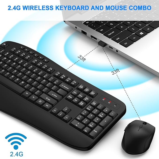 Wireless Keyboard and Mouse Combo, EDJO 2.4G Full-Sized Ergonomic Computer Keyboard with Wrist Rest and 3 Level DPI Adjustable Wireless Mouse for Windows, Mac OS Desktop/Laptop/PC（Classic Black）