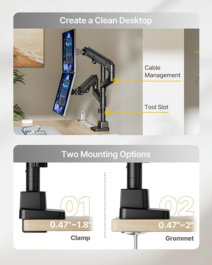 monTEK Dual Monitor Arm for up to 57" and 59.4 lbs Ultrawide Screen, Aluminum Heavy-Duty Gas Spring Vertical Stackable Curved Screen Adjustable Monitor Stand, 75/100mm Vesa Mount, Black