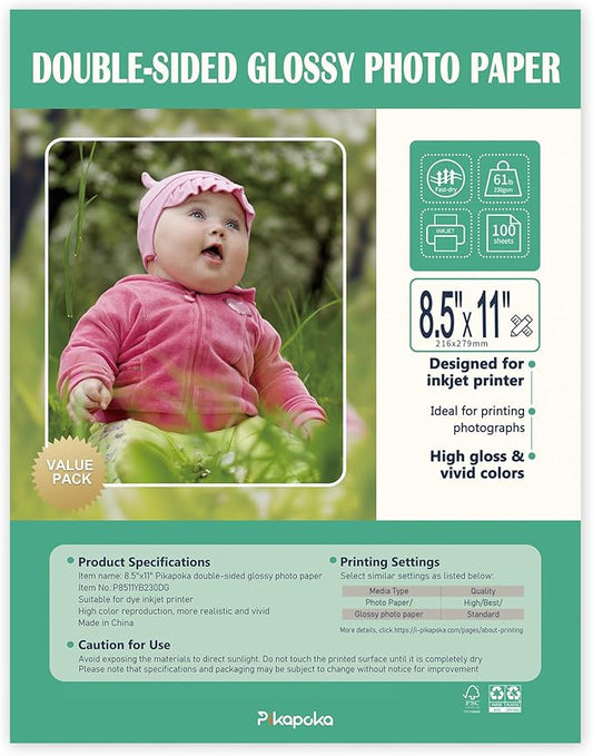 Double Sided Glossy Photo Paper for Inkjet Printer 8.5x11, Thick Glossy Paper for Cardstock 61lb, 100 Sheets