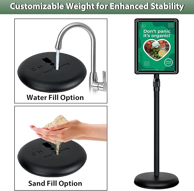 8.5x11 Poster Stand Holder Adjustable Floor Standing Sign Holder Vertical and Horizontal View Sign Display, Aluminum Snap Frame with Safety Corner (Black-8.5x11)