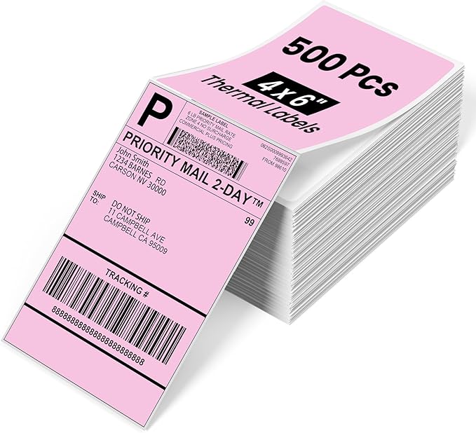 Phomemo 4x6 Thermal Label Printer Paper - 500 PCS Pink 4"x6" Fan-Fold Shipping Supplies Labels - Water/Oilproof Label Stickers - Permanent Adhesive Thermal 4x6 Labels for Small Business Supplies