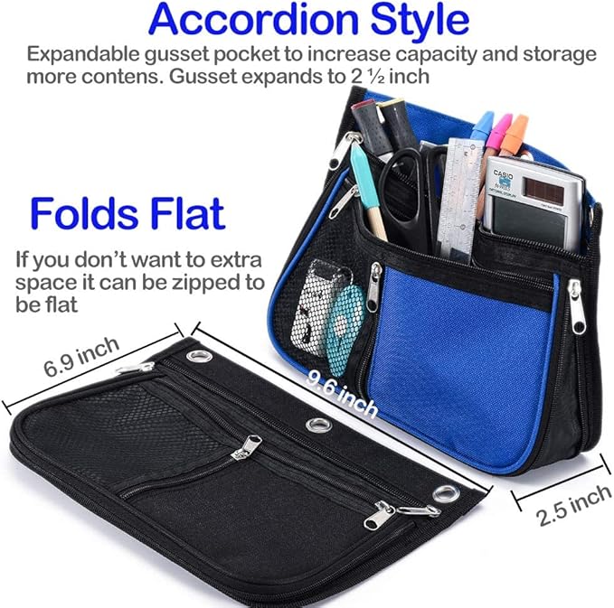 Sooez Pencil Pouch for 3 Ring Binder，Expandable Zipper Pencil Pouch, Fabric Pencil Pouches Binder Pockets, Large Capacity Binder Pouch, Pencil Case for Binder, Pencil Pouch 3 Ring(Blue/Black)