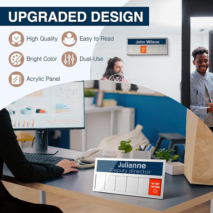 Name Plate for Desk& Office Door Sign, 6 Options Do Not Disturb, In A Meeting, Out of Office, Working Remotely, Please Knock, Stick or Stand with Desk Name Plate, Black