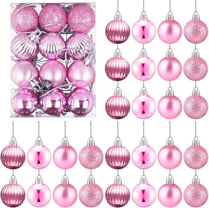 Set of 24 Mini Pink Ornaments for Mini Tree, Small Pink Christmas Ornaments Balls for Christmas Tree, 1.2 inch Tiny Plastic Shatterproof Hanging Bulbs Xmas Valentine Party Indoor Outdoor Decorations