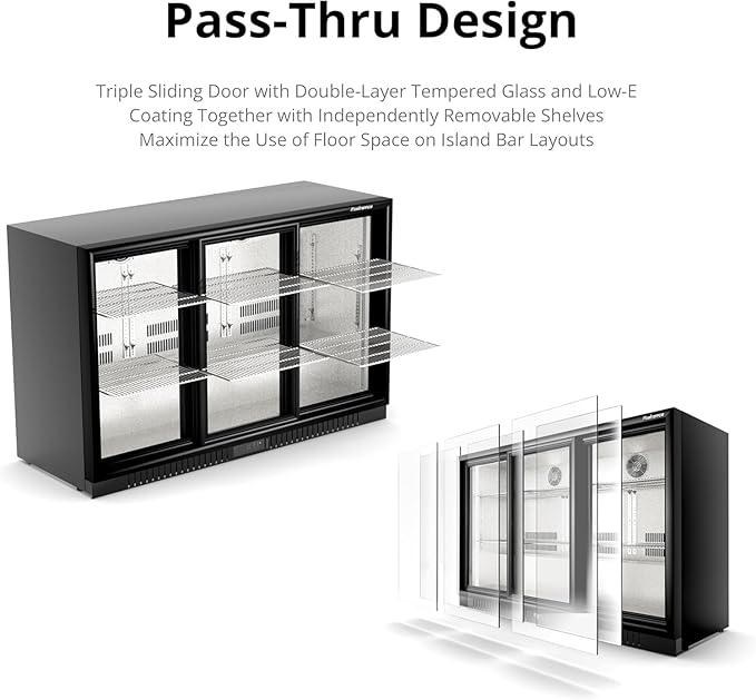 54 in. 335 cans Triple Sliding Door Back Bar Beverage Cooler, 10.8 cu. ft. Under Counter Glass Door Bar Fridge, lockable, 32-50°F Display Refrigerator, ETL & NSF7 Certified