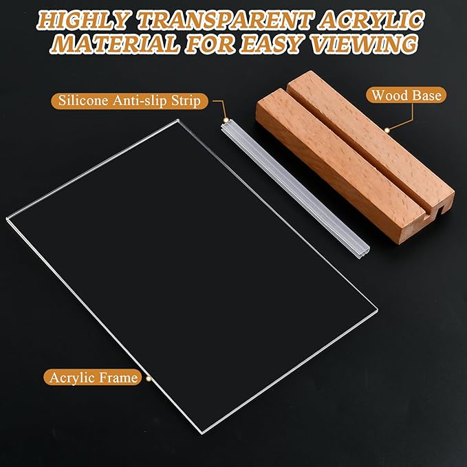 6 Pcs Acrylic Sign Holder 5 x 7 Inch, L Shape Clear Flyer Holder with Wood Base, Clear Stand Menu Table Display Holders Name Card for Office, Restaurant