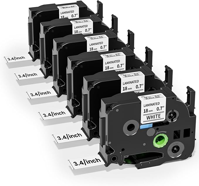 Colorty 18mm 0.7 Laminated White Tape TZe-241 Replacement for Brother Label Maker Tape 18 mm P-Touch TZ TZe Black on White for Ptouch PT-D400 PT-D410 D600 D610BT PT-P700BT Refills 3/4 Inch, 6 Pack