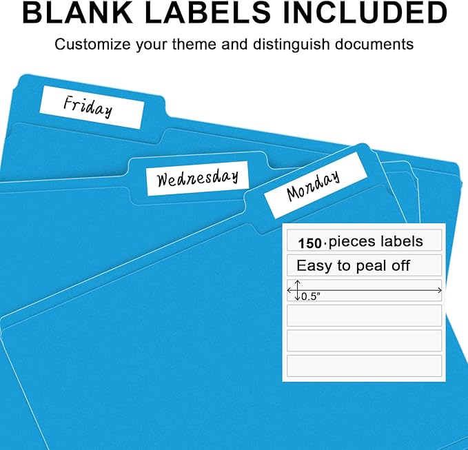 File Folder, RAZCC 150 Pack 1/3 Cut Tab File Folders Letter Size, Blue, Colored Folders with Tab Great for Organizing and Easy File Storage