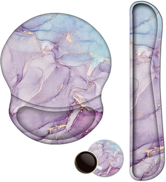 ArtSo Mouse Pad Keyboard Wrist Rest Support Ergonomic, Upgraded Cushion Mousepad Gel Memory Foam Non-Slip Rubber Base Pain Relief & Easy Typing for Home,Office, Purple Blue Marble