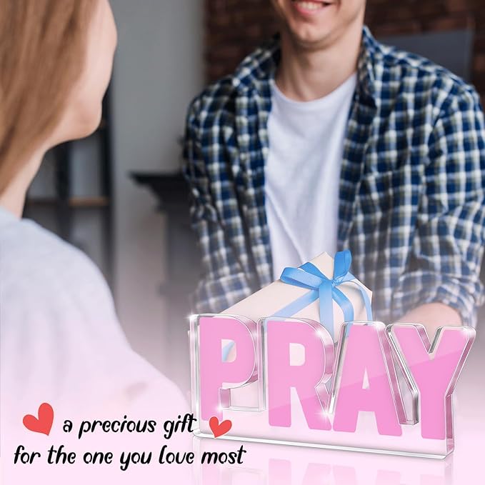 Pink Inspirational Pray Decoration, Office Desk Accessories Decor Sign, Pink Standing Peace Desk Decor for Dorm Room Bathroom Office, 3D Pray Christian Bible Verse, Gifts for Women Mom Sister Friend